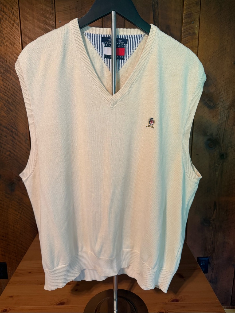 Tommy Hilfiger Vintage 90s Cream V-Neck Sweater Vest Preppy Old Money Large L